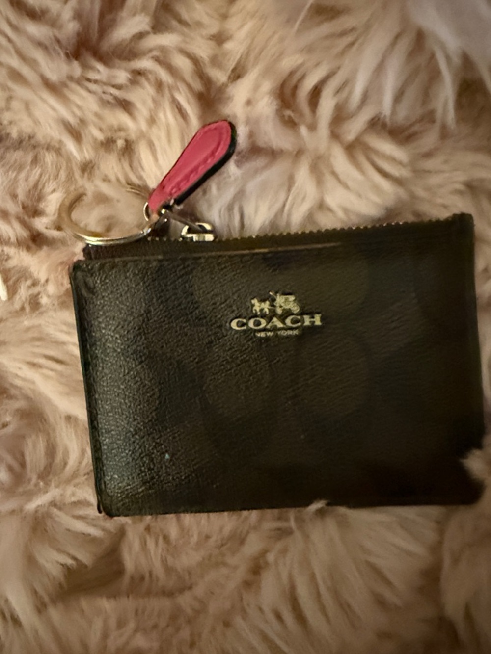 COACH Black Leather Card & Key Pouch with Pink Zipper Pull